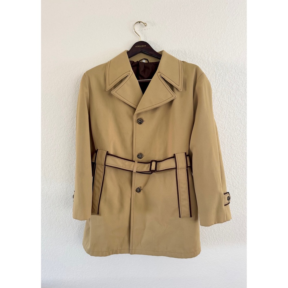 Vintage Trench Coat Twill Tan Belted Overcoat Brown Trim Mens Medium 70s 80s
